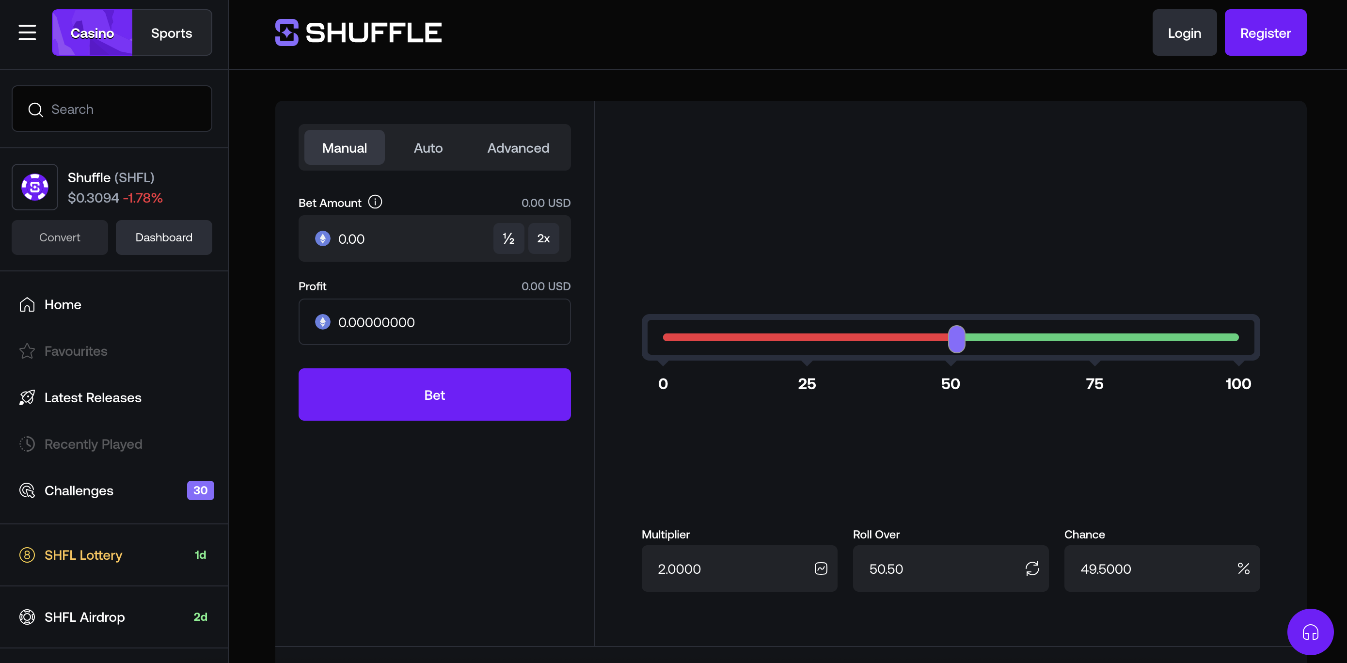 Shuffle Dice game – manual bet mode with roll-over slider