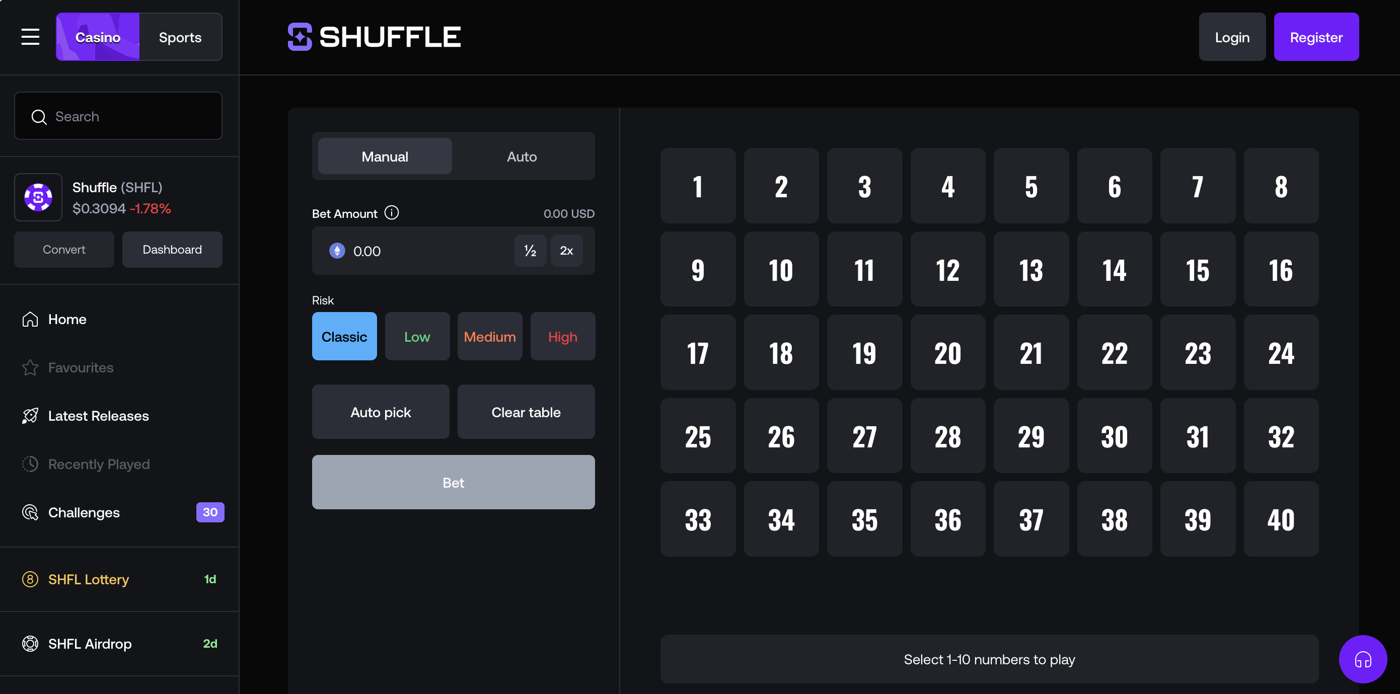 Shuffle Keno game – number selection grid 1 to 40
