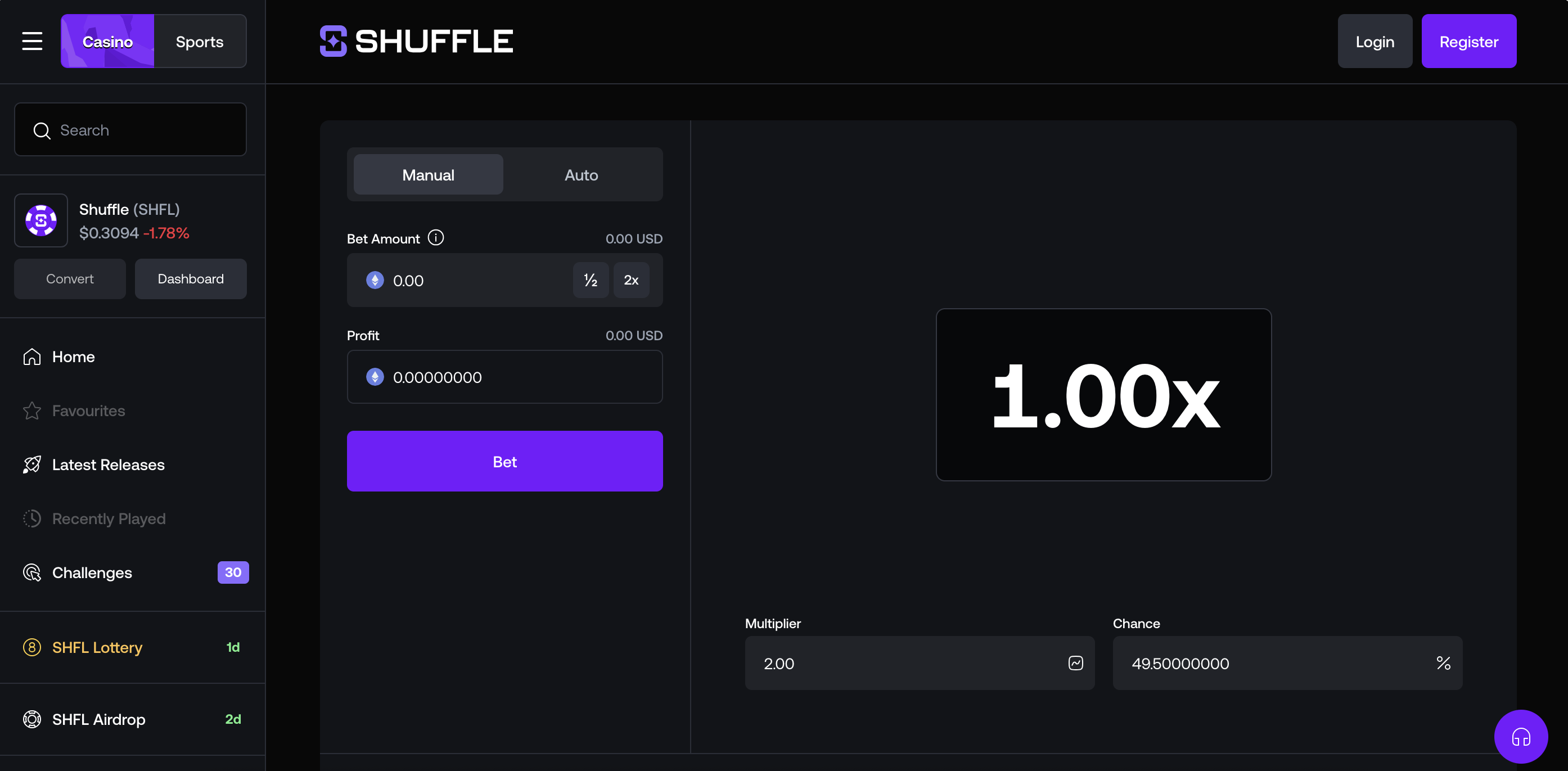 Shuffle Limbo game showing 1.00x multiplier display