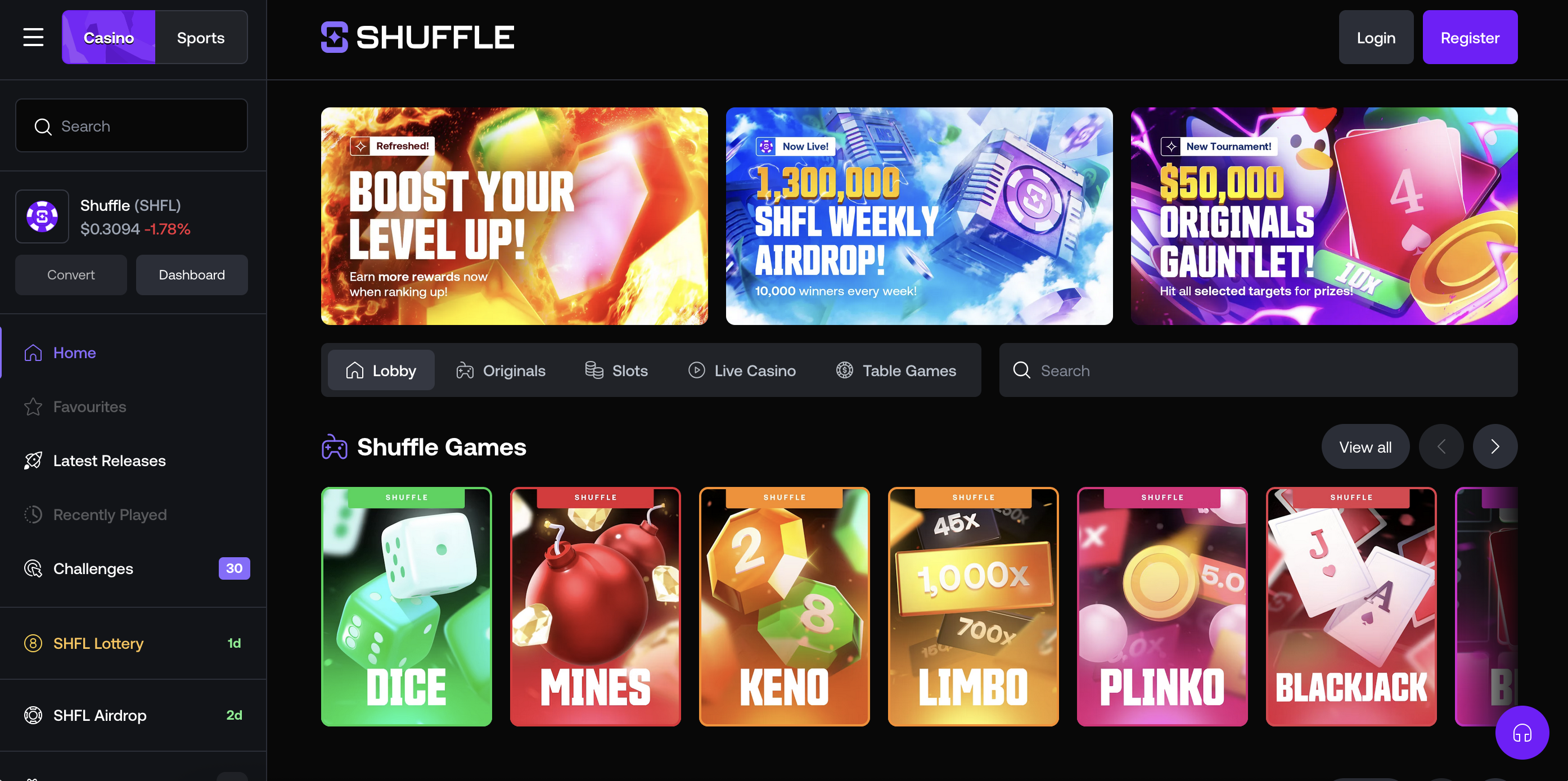 Shuffle Casino lobby showing games and promotions