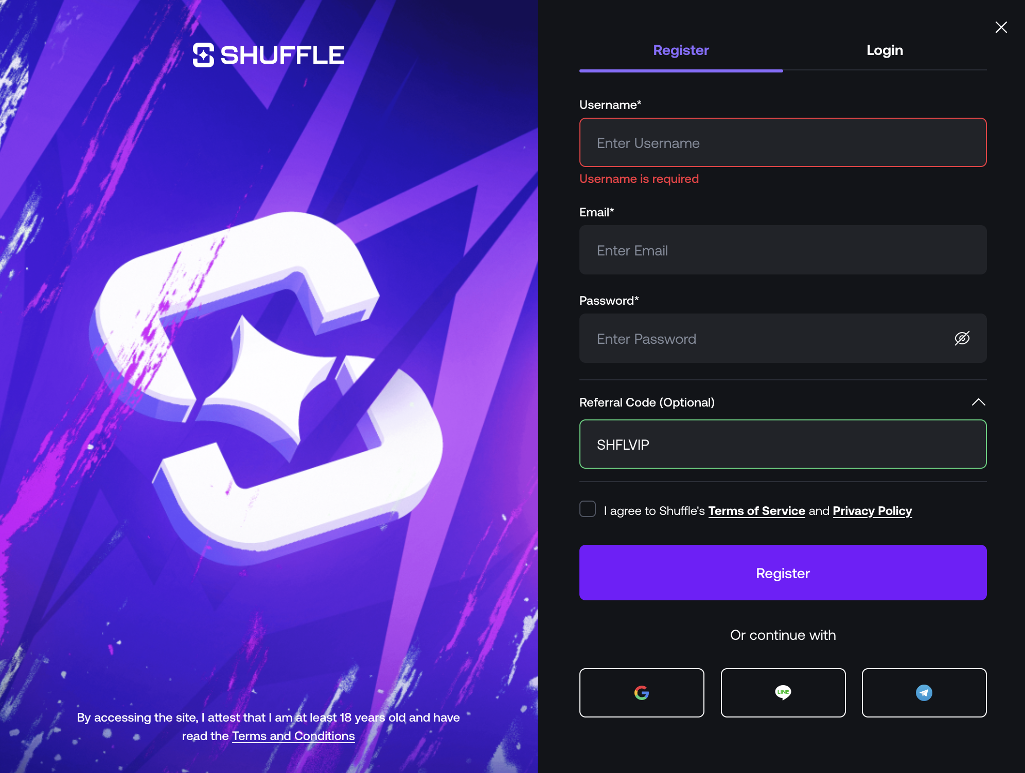 Shuffle registration form showing the SHFLVIP referral code field